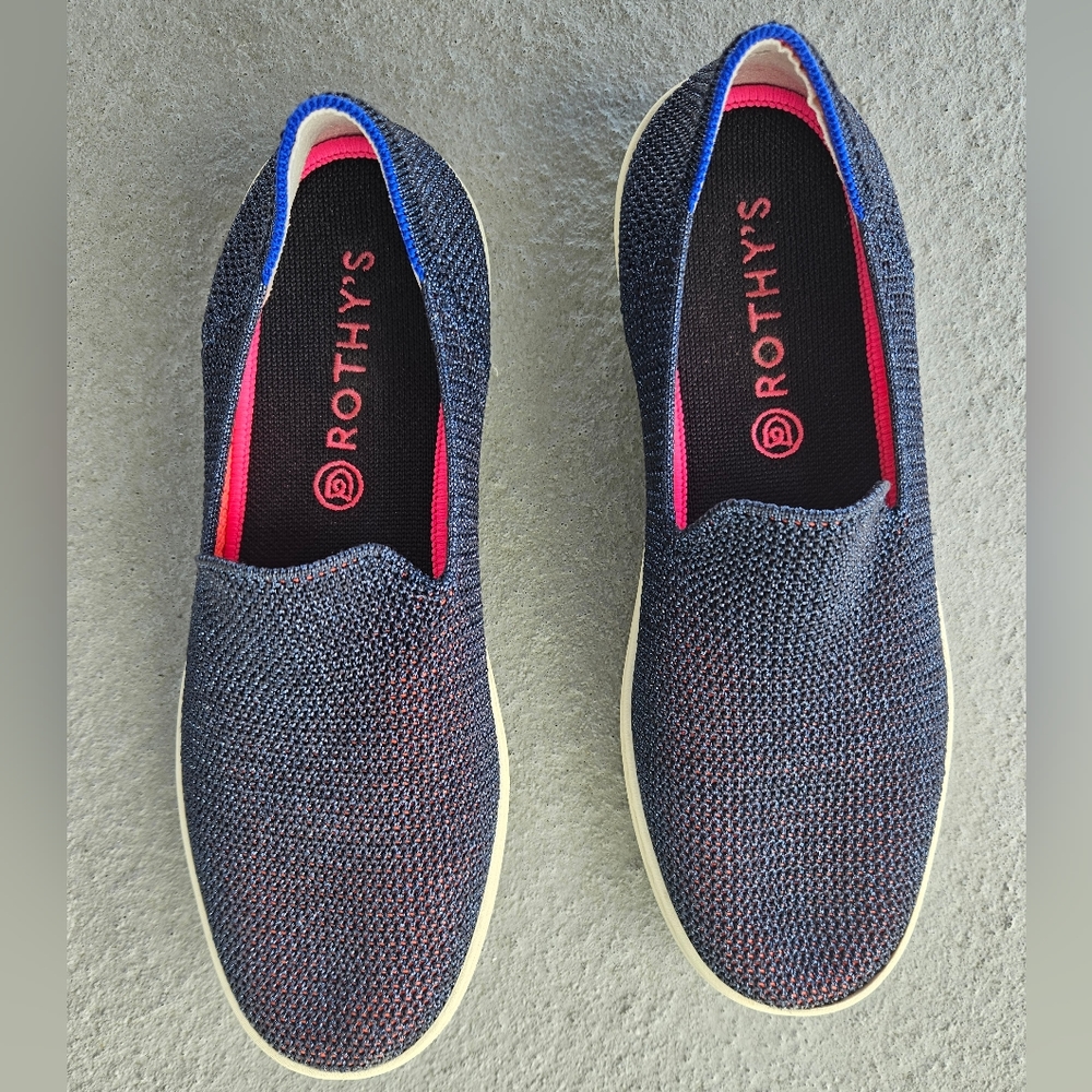 Rothy's SPECIAL EDITION Slip On Sneakers Lattice Stitch Blue and Neon Pink 9